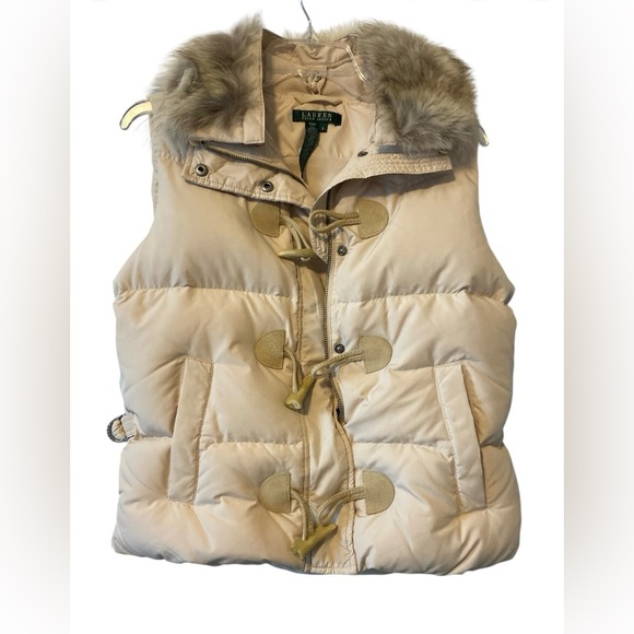 Ralph Lauren Tan Puffer Vest with Faux Fur Collar - Picture 1 of 7
